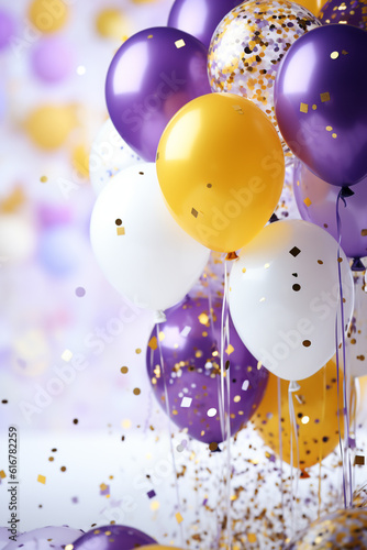 fliegende lilane violet, gelbe und weiße Party Ballons mit Konfetti. Generative Ai.