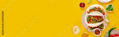 Mexican Tacos with Beef and Vegetables, Tacos al Pastor on Yellow Background