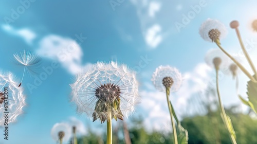 illustration of dandelion seed field under blue sky  Generative Ai