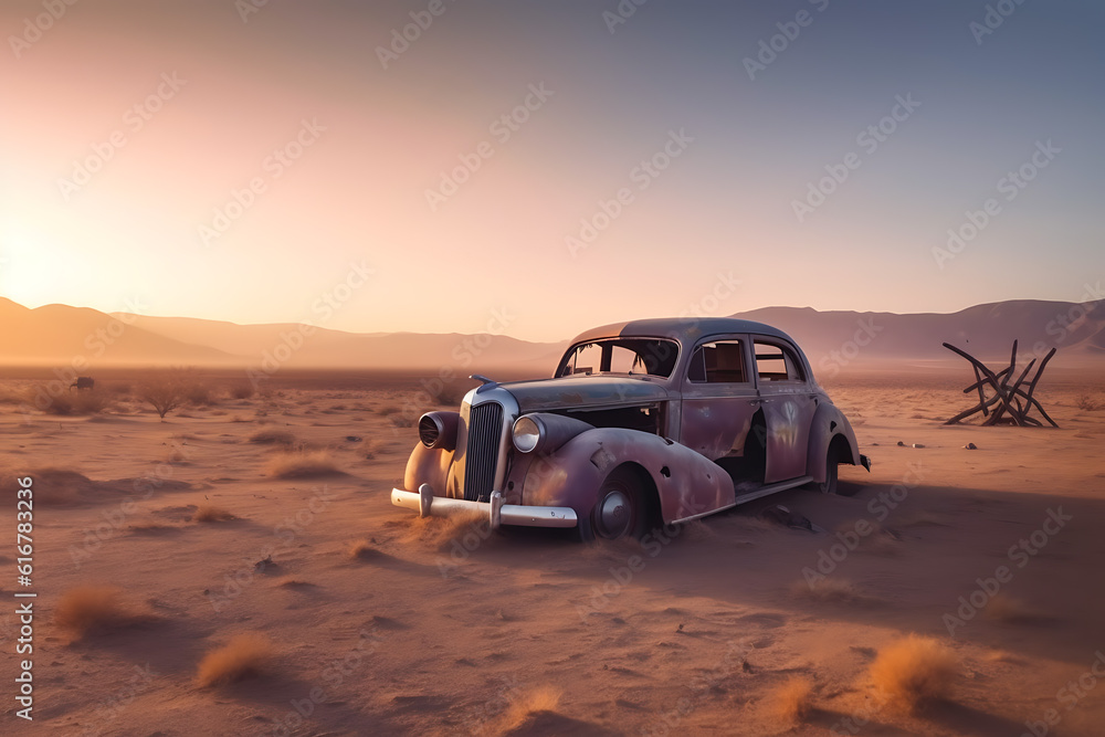 Old classic car abandoned in the desert. Rusty retro car. AI Generative ...