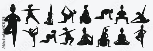 Set of fitness yoga pregnant woman exercises isolated on white background