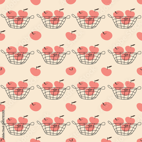 Vector pattern with bright apples on a beige background. Fruit background. Fruit basket print and pattern collection