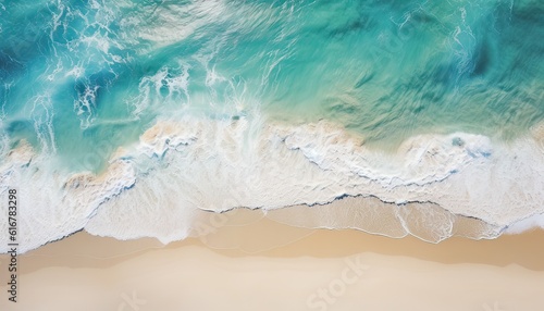 Generative AI illustration of a serene aerial view of a pristine white sand beach surrounded by crystal clear turquoise waters