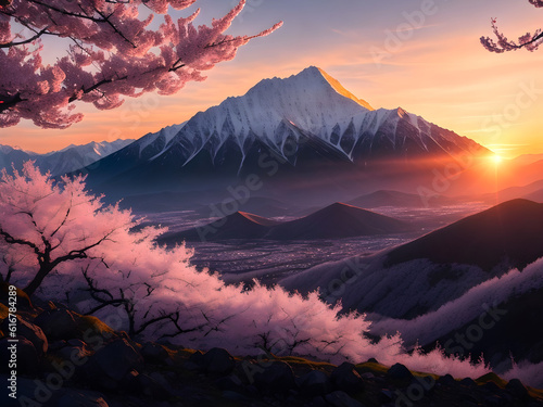 A vast landscape of mountains and cherry blossom trees,generative ai © Nisit