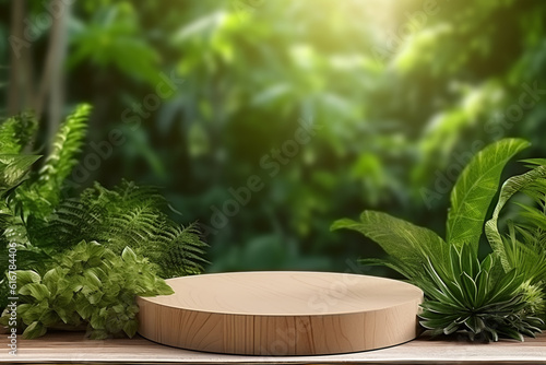 Wooden product display podium for cosmetic product with green nature garden background  3d rendering