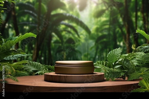 Wooden product display podium for cosmetic product with green nature garden background  3d rendering