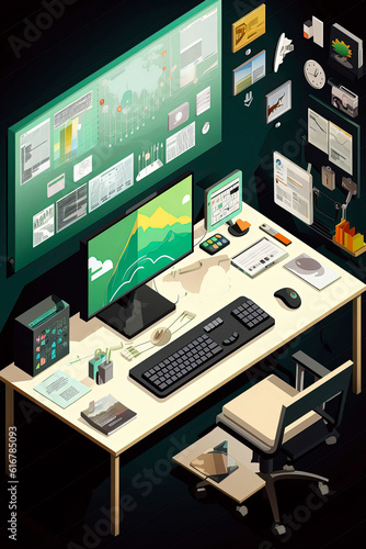 Generative AI illustration of isometric Workspace with table, chair, laptop and company charts