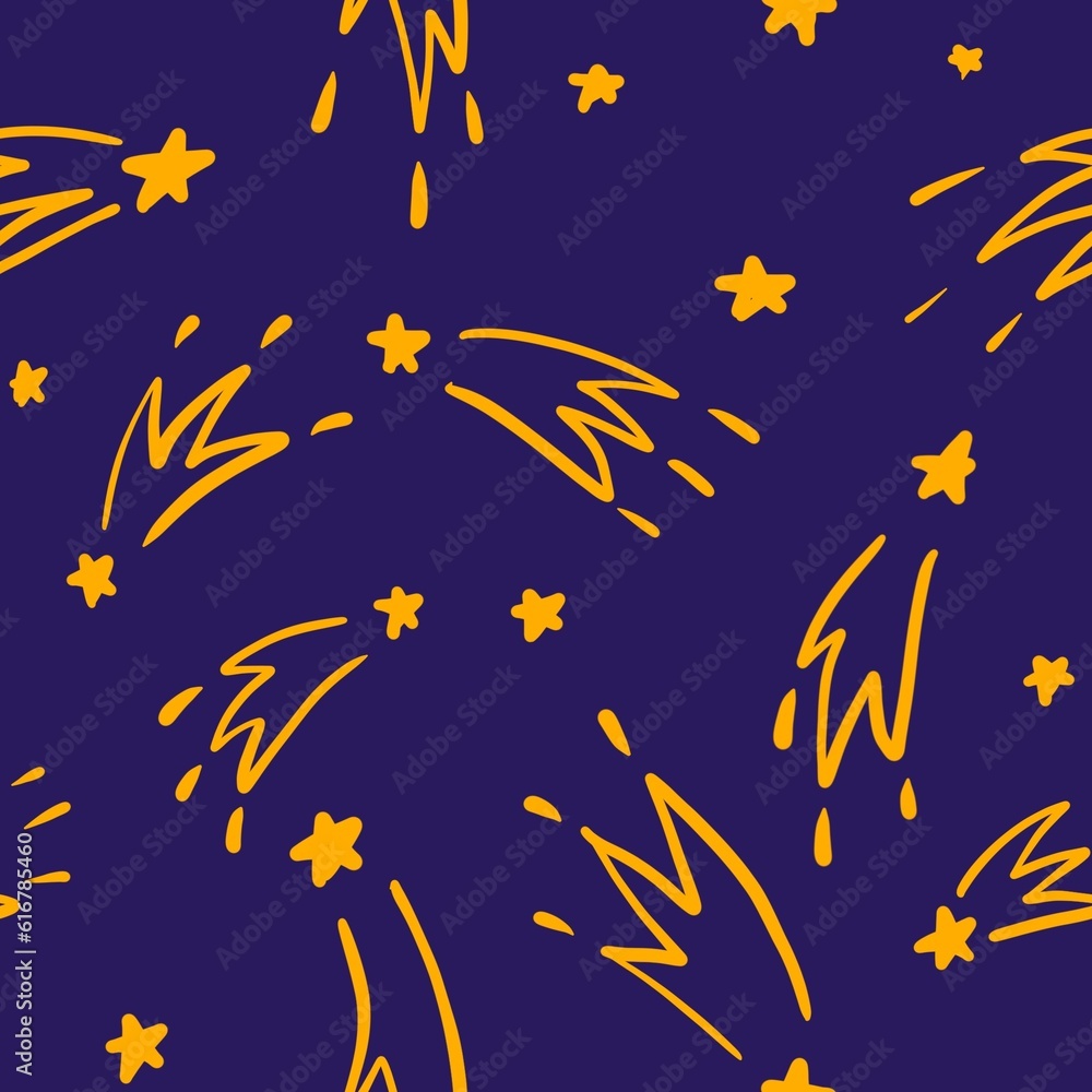 Fototapeta premium Space yellow Stars and Comets on dark background endless texture. seamless children's pattern for wed design, textile or wrapping paper 