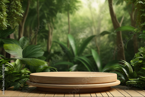 Wooden product display podium for cosmetic product with green nature garden background, 3d rendering