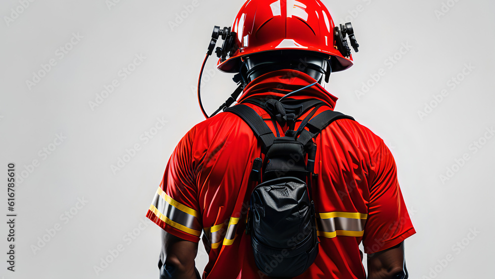 Obraz premium Firefighter from behind with white background. Flames and fire extinguishers. Concept of fire, evacuation and humanitarian aid. AI generative. 