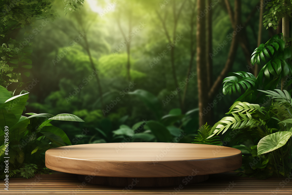 Wooden product display podium for cosmetic product with green nature garden background, 3d rendering