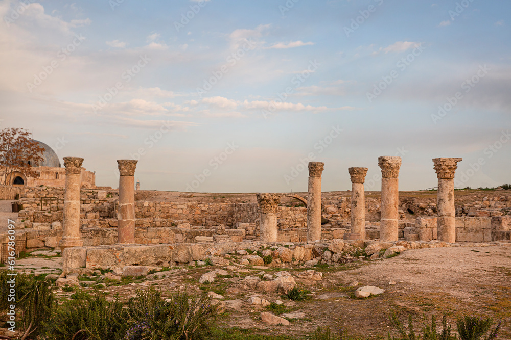 Citadel complex in Amman, Jordan. Ancient ruins of roman buldings. Beautiful sunny day. 