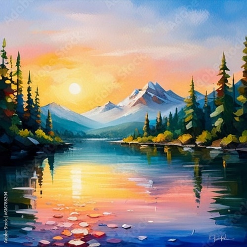 oil painting of a tranquil lake surrounded by mountains, heavily textured brushstrokes, warm and vibrant colors