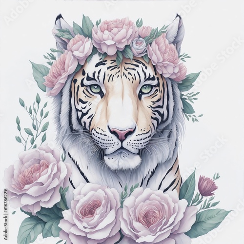 White tiger logo t-shirt design with beautiful flower crown by watercolor