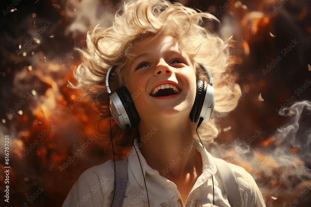 Cheerful yoga young boy in white dress with headphones smiling and jumping while listening to music against light heaven background, photorealistic fantasies, AI Generative