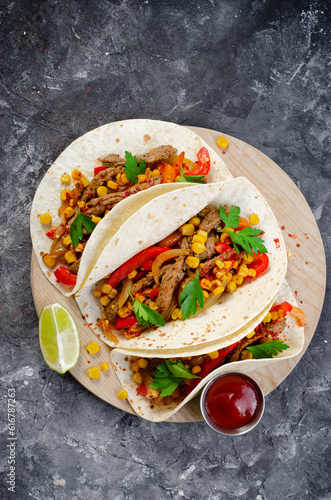 Mexican Tacos with Beef and Vegetables, Tacos al Pastor on Dark Background