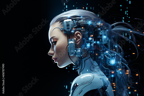 Beautiful female cyber fashion robot on the futuristic techno background. Artificial Intelligence. Quantum computer. AI generative © Elena