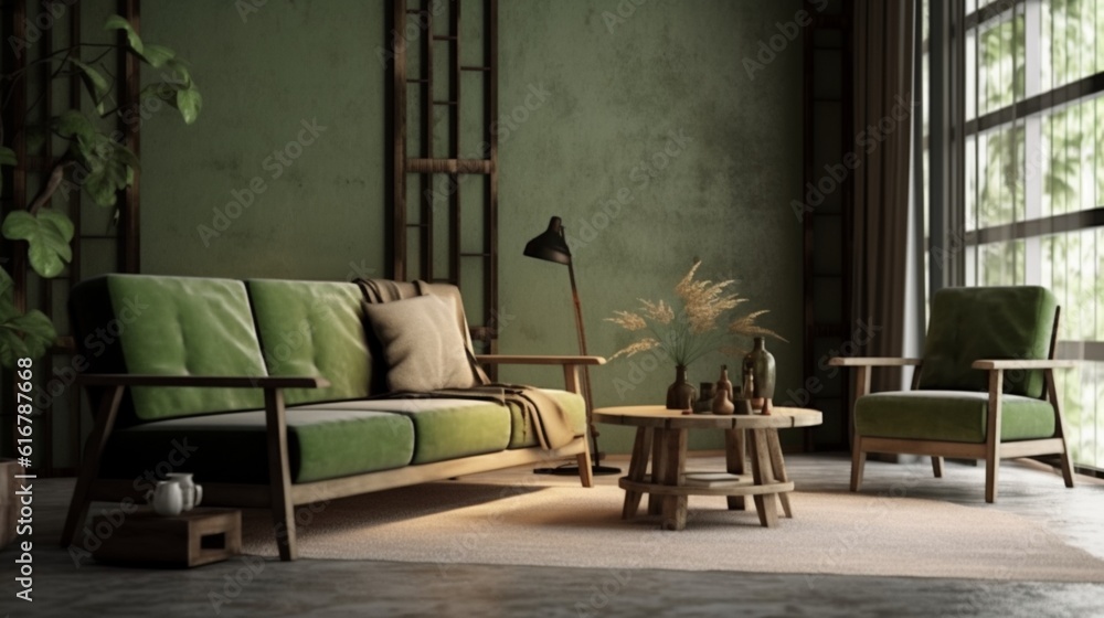 Green wood sofa and armchair in a natural, Generative AI.