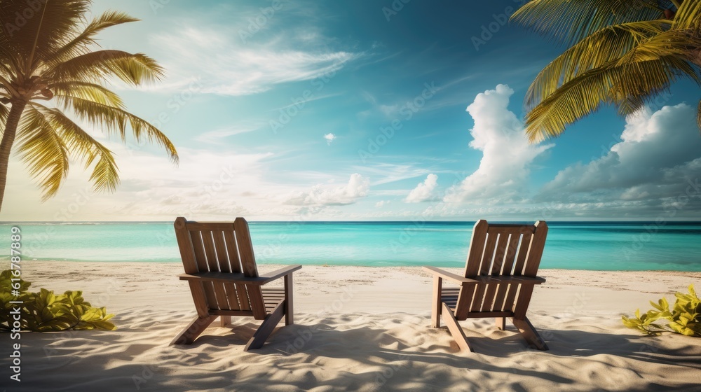 Beach chairs on beach. Generative AI