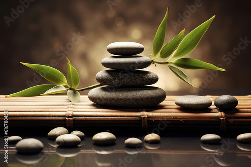 A serene zen garden background with stone stack, twig, water and bamboo. Concept background on the theme of yoga, relaxation and meditation.