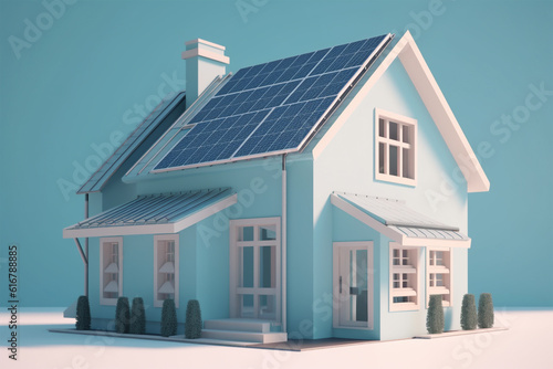 Small blue house with solar energy panels on roof. 