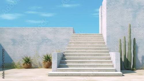 Minimal style architecture with an empty concrete wall, stairs, Generative AI.