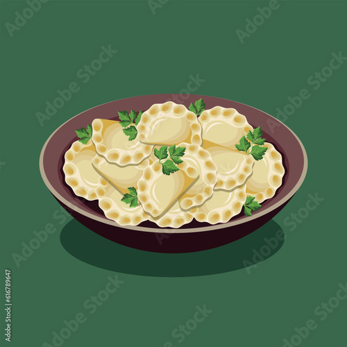 Ukrainian tradishional dish varenyky. Dumplings, varenyky, pierogi. Polish cuisine. Ukrainian cuisine. Vector illustration.