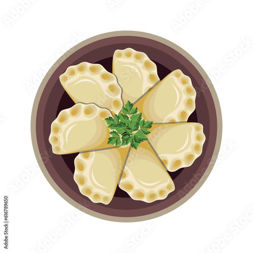 Ukrainian tradishional dish varenyky. Dumplings, varenyky, pierogi. Polish cuisine. Ukrainian cuisine. Vector illustration.