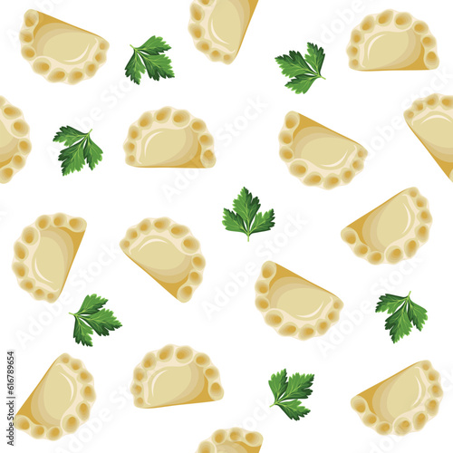 Dumplings, varenyky, pierogi seamless pattern. Polish cuisine. Ukrainian cuisine. Vector illustration.