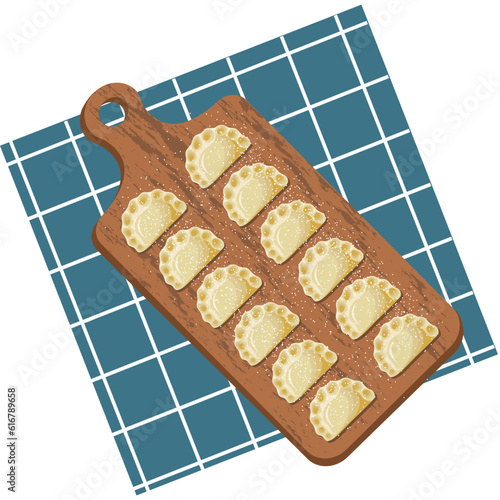 Dumplings, varenyky, pierogi on a board. Polish cuisine. Ukrainian cuisine. Vector illustration.
