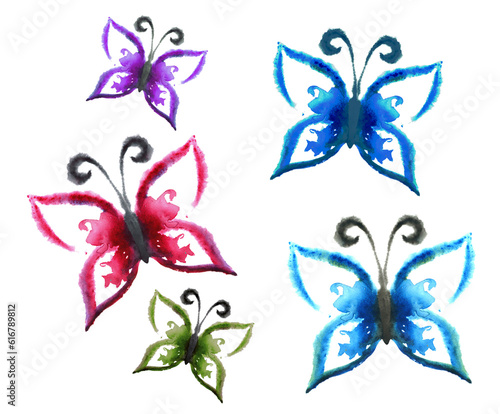 A set of watercolor butterflies of different colors