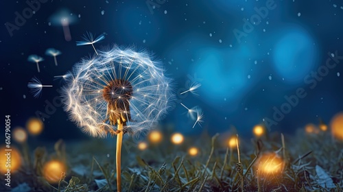 illustration of dandelion seed field under starry night sky, , Generative Ai