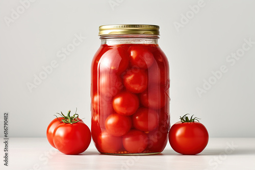 Pickled tomatoes in a jar on a light gray background. Generative AI