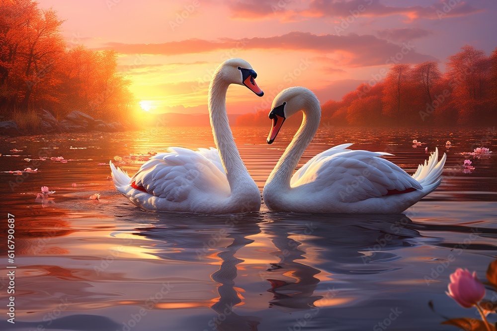 Two white swans. Romantic background. The romance of a white swan with