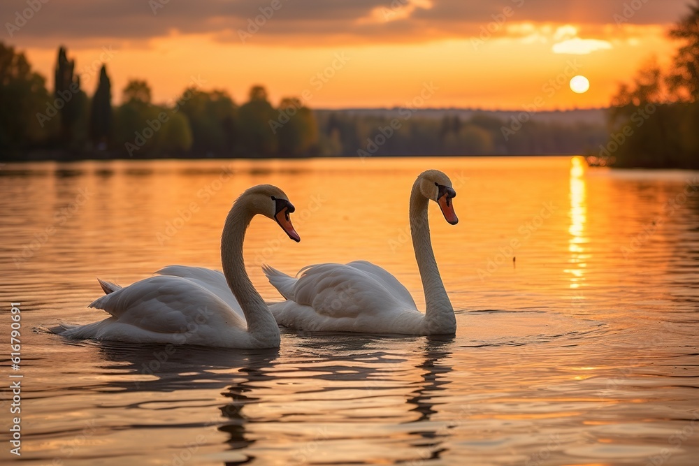 Two white swans. Romantic background. The romance of a white swan with a clear beautiful landscape. Generative AI Two white swans. Romantic background. The romance of a white swan with a clear beautiful landscape. Generative AI