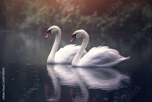 Two white swans. Romantic background. The romance of a white swan with a clear beautiful landscape. Generative AI