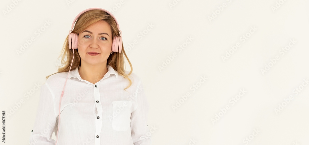 Close-up portrait of nice attractive lovely cute charming dreamy peaceful cheery girl listening podcast motivation playlist isolated on white color background Close-up portrait of nice attractive lovely cute charming dreamy peaceful cheery girl listening podcast motivation playlist isolated on white color background
