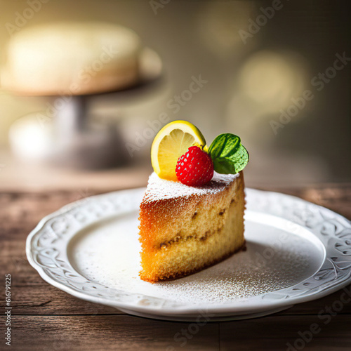 A slice of lemon cake on a plate with copy space digital art