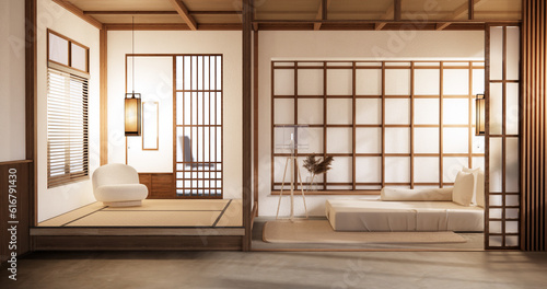 Nihon room design interior with door paper and wall on tatami mat floor room japanese style.