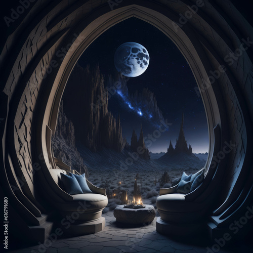 Fantasy Fairytale Castle Fortress Arch  Interior Throne Into Desert, Sand And Rocks, Night with Stars and Moon, Generative Ai