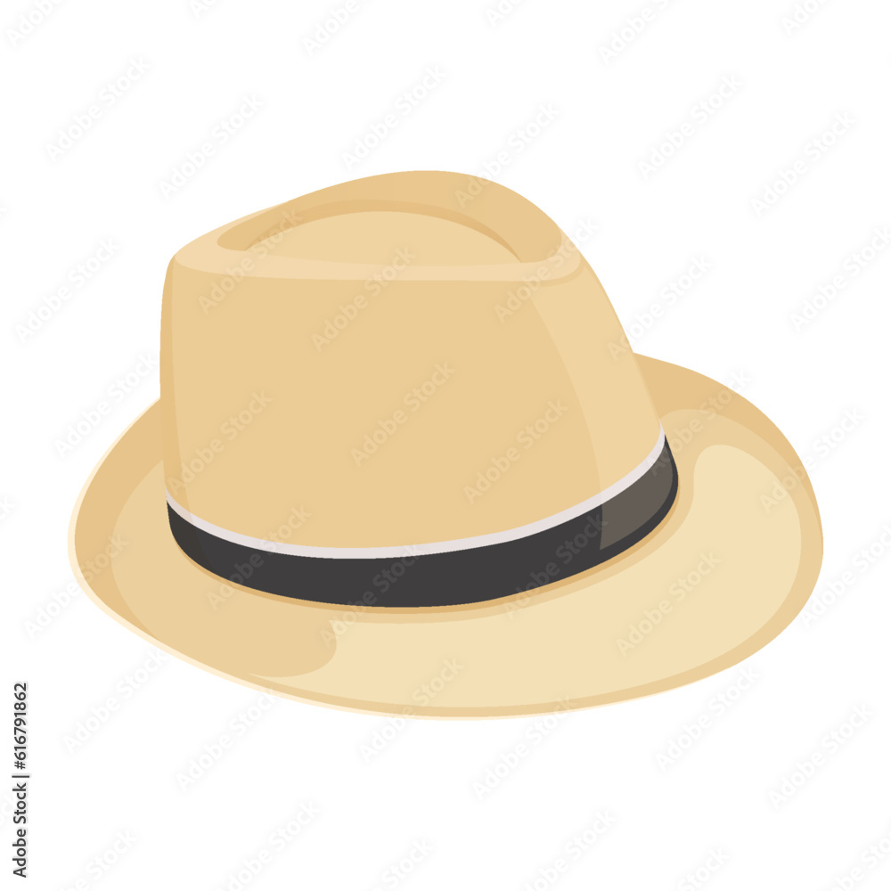 Straw fedora hat isolated on a white background beach hat , summer hat. Flat design Straw fedora hat isolated on a white background beach hat , summer hat. Flat design