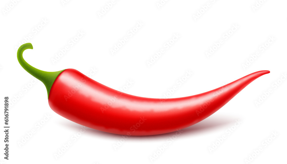 Red hot natural chili pepper pod with shadow isolated on white. Realistic 3d vector illustration. Design for grocery, culinary products, seasoning and spice package, recipe web site decoration Red hot natural chili pepper pod with shadow isolated on white. Realistic 3d vector illustration. Design for grocery, culinary products, seasoning and spice package, recipe web site decoration