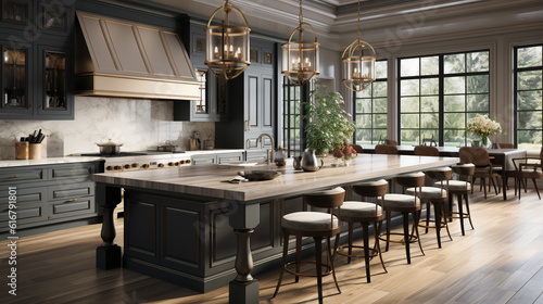 Photorealistic Transitional Kitchen Design  2023 Interior Trends Combining Traditional and Modern Aesthetics Created with A Fusion of AI Powered Models