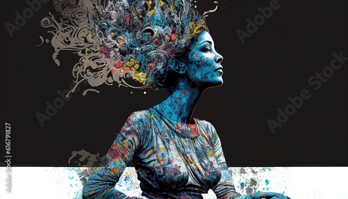 A beautiful face portrait of a woman with blue skin with a fashionable look with colorful paints instead her long hair an abstract picture painted with paints on the black and white background