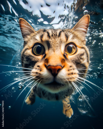 Funny Close-Up of Cat underwater with Fish-Eye Lens - Playful, Quirky, Feline, AI Generated