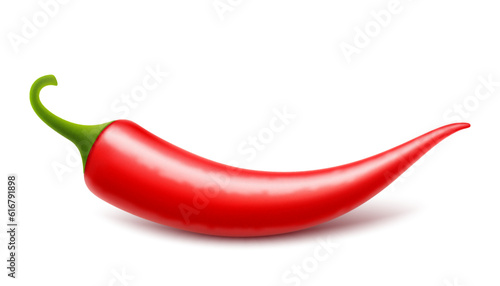 Red hot natural chili pepper pod with shadow isolated on white. Realistic 3d vector illustration. Design for grocery, culinary products, seasoning and spice package, recipe web site decoration