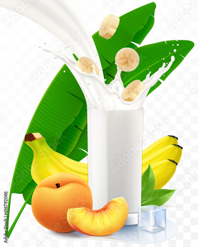 Banana- peach yogurt or smoothie or milk cocktail. Summer refreshing multi-fruit yogurt with ice cubes. Realistic 3D vector illustration