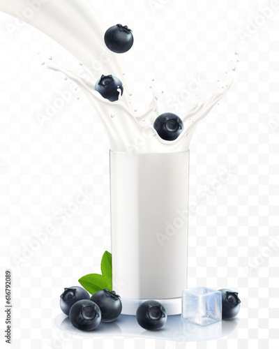 Blueberry falling in a glass of milk or yogurt. Sweet milk splashes. Fruit milkshake advertising banner, yogurt jet, flying drops, white drink in glass cup, Realistic 3d vector illustration, isolated