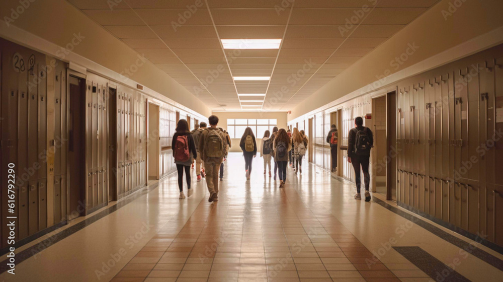 Hallway of a highschool with male and female students walking. Lights are on. View from the back. Education, students.