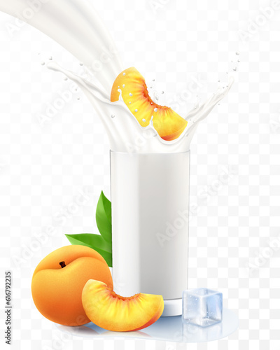 Peach falling in a glass of milk or yogurt. Sweet milk splashes. Fruit milkshake advertising banner, yogurt jet, flying drops, white drink in glass cup, Realistic 3d vector illustration, isolated